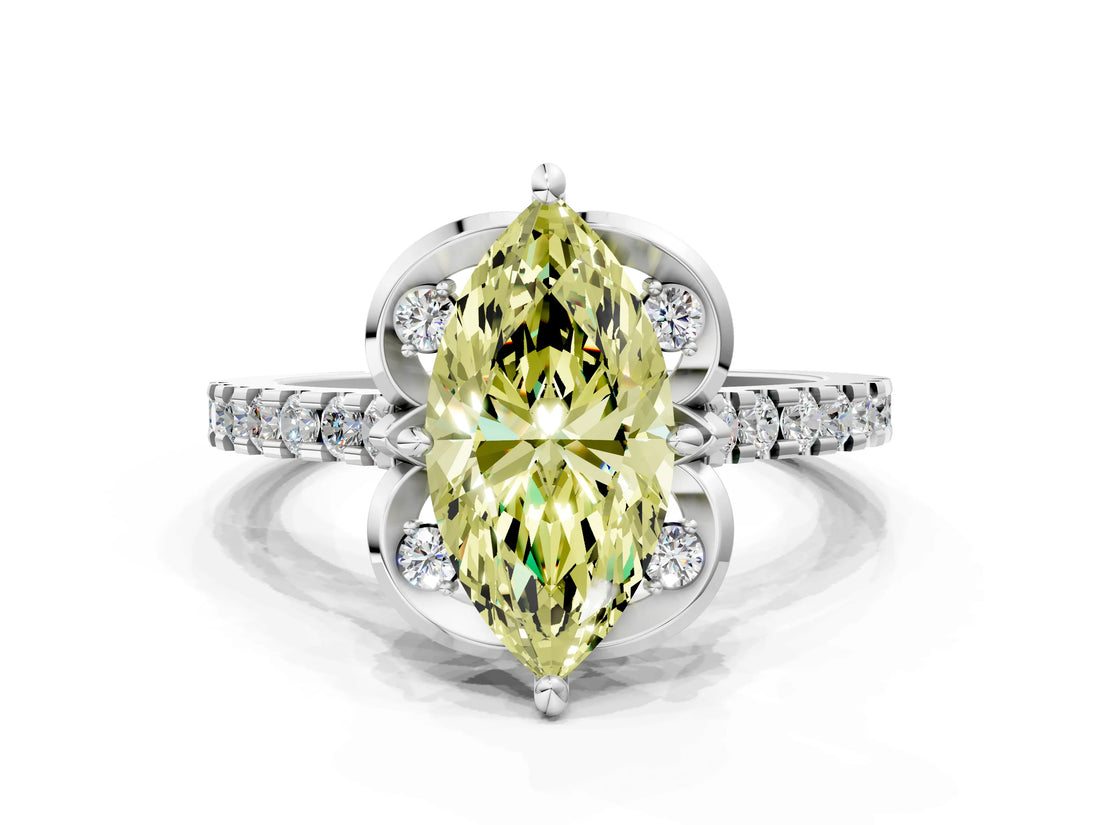 White gold Fancy Yellow Marquise Cut Diamond Ring with Pavé Band and Floral Prong Setting_39