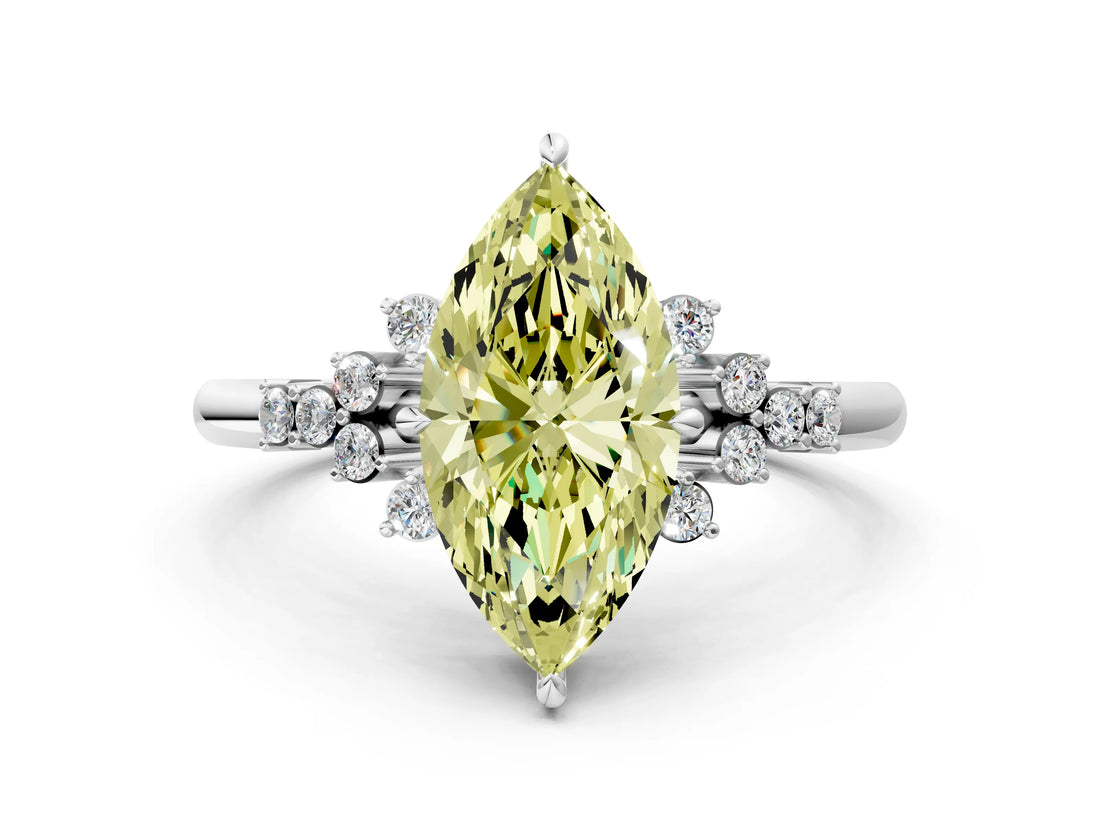 White gold Fancy Yellow Marquise Cut Diamond Ring with Side Stones and Four-Prong Setting_65