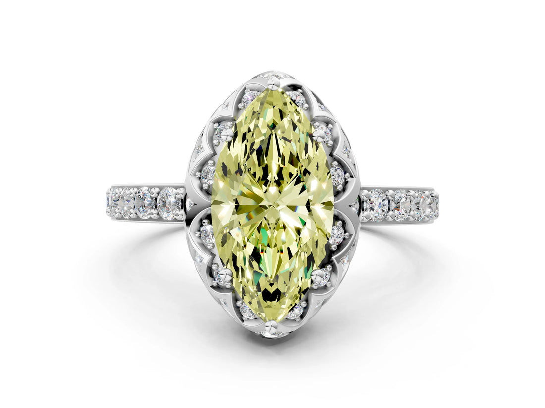 White gold Fancy Yellow Marquise Cut Diamond Scalloped Halo Engagement Ring with Round Shared Prong Band_20