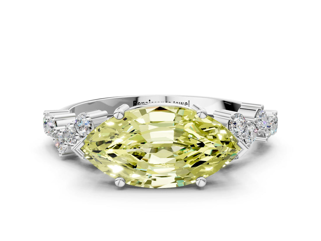 White gold Fancy Yellow Marquise Cut Diamond Scattered Round Accent Ring with Prong Setting_13