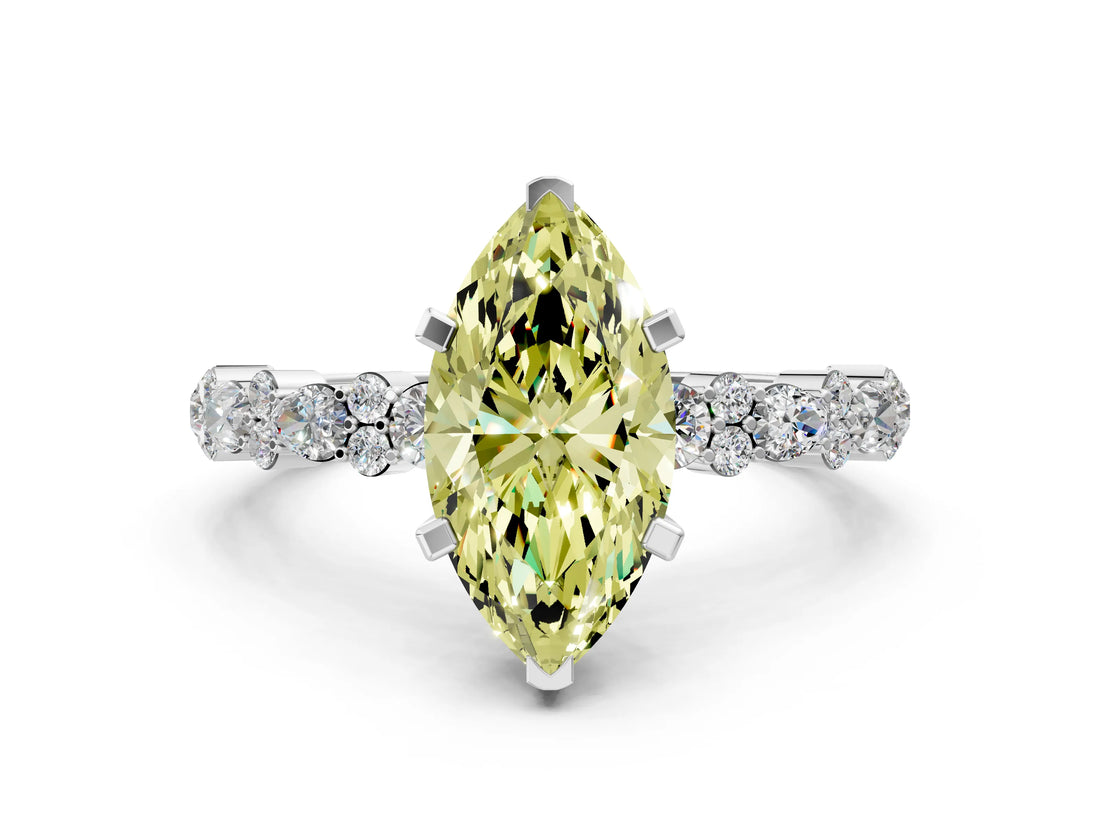 White gold Fancy Yellow Marquise Cut Diamond Side Stone Solitaire Ring with Round  and Four-Prong Setting_24