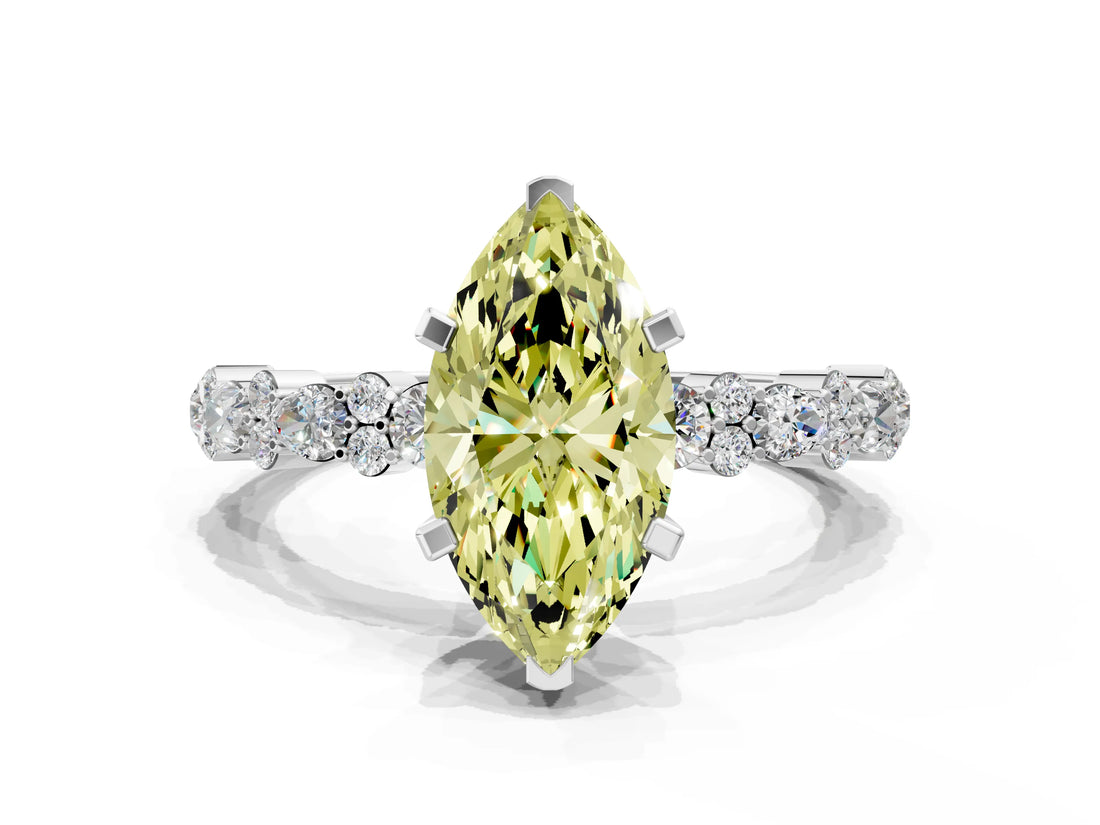White gold Fancy Yellow Marquise Cut Diamond Side Stone Solitaire Ring with Round  and Four-Prong Setting_89