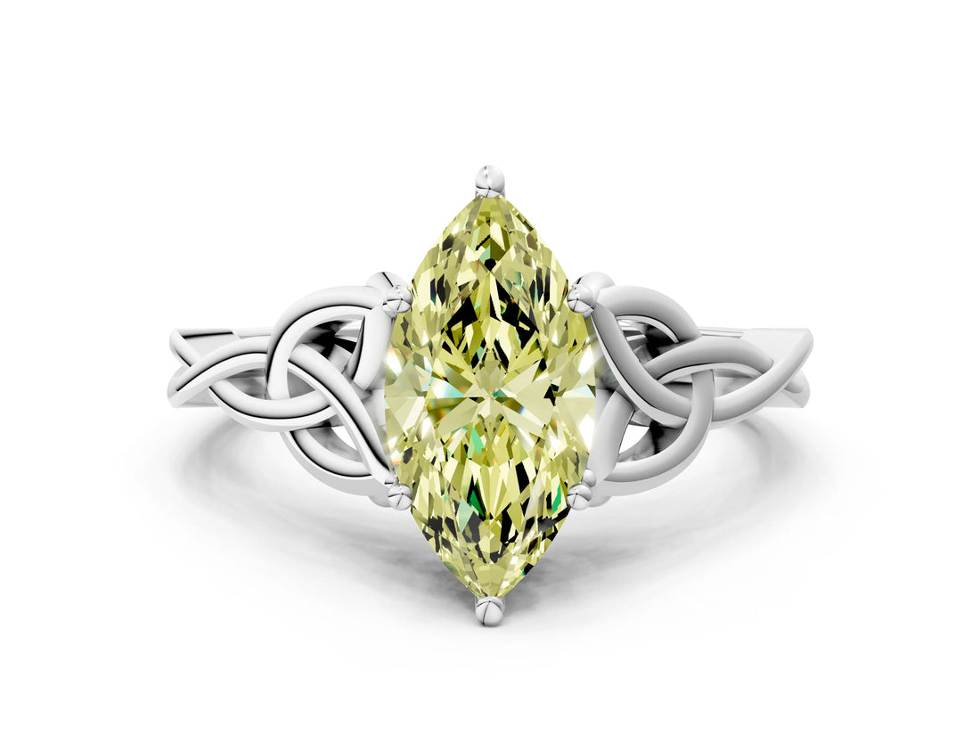 White gold Fancy Yellow Marquise Cut Diamond Solitaire Celtic Knot Ring with Four-Prong Setting_34