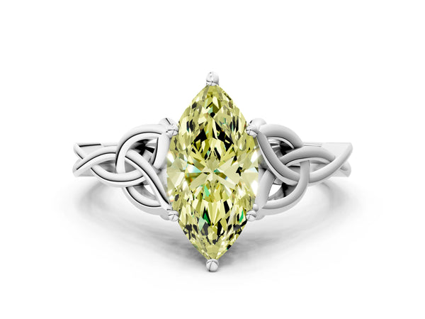 White gold Fancy Yellow Marquise Cut Diamond Solitaire Celtic Knot Ring with Four-Prong Setting