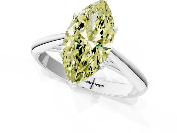 White gold Fancy Yellow Marquise Cut Diamond Solitaire Engagement Ring with Cathedral Setting and Four-Prong Mount