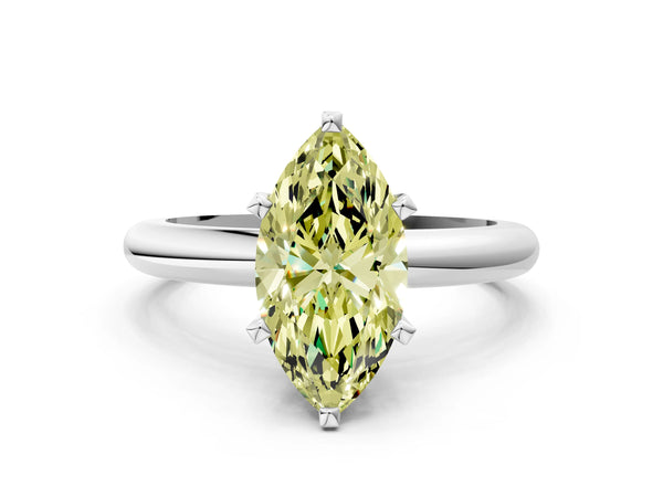 White gold Fancy Yellow Marquise Cut Diamond Solitaire Engagement Ring with Round Band and Four-Prong Setting