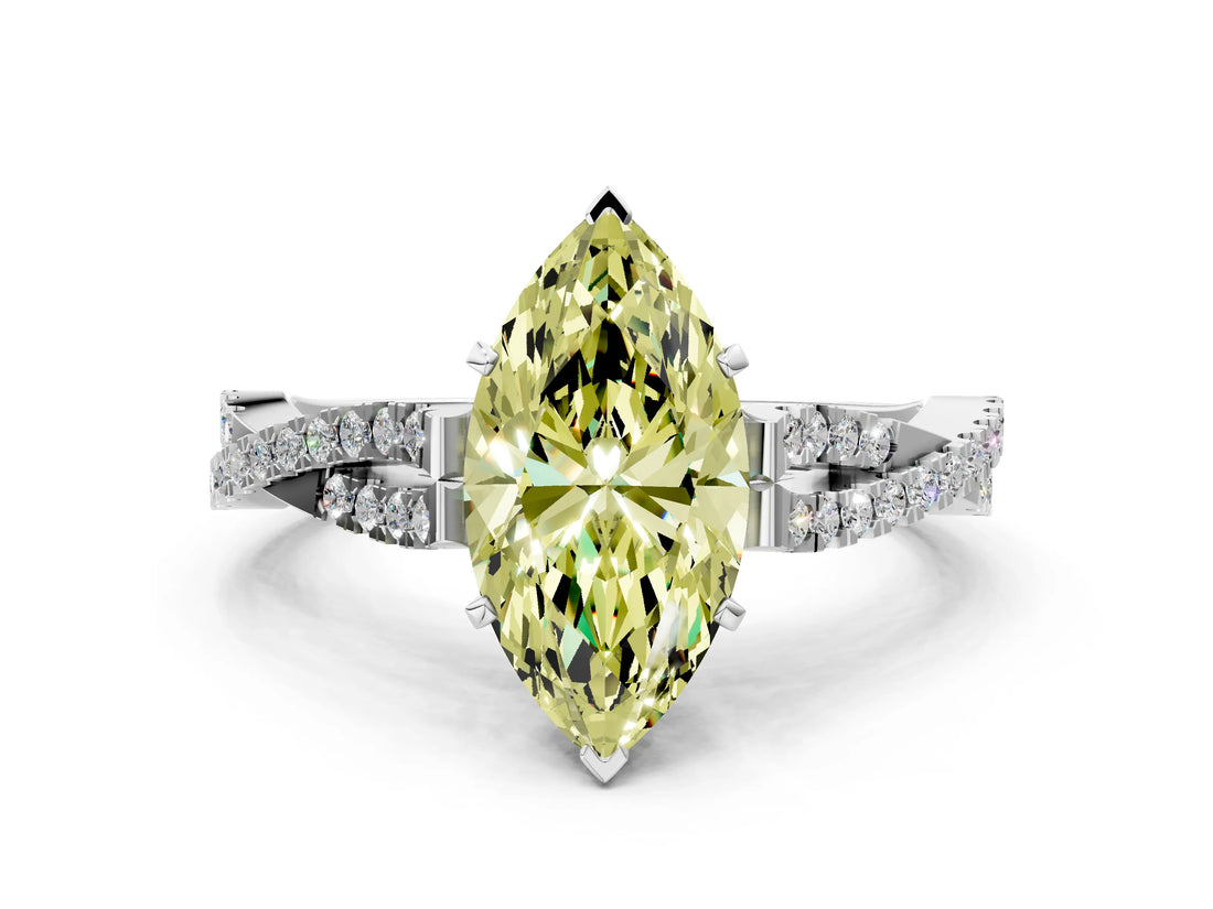 White gold Fancy Yellow Marquise Cut Diamond Solitaire Engagement Ring with Twisted Pavé Band and Four-Prong Setting_92