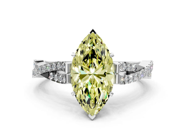 White gold Fancy Yellow Marquise Cut Diamond Solitaire Engagement Ring with Twisted Pavé Band and Four-Prong Setting