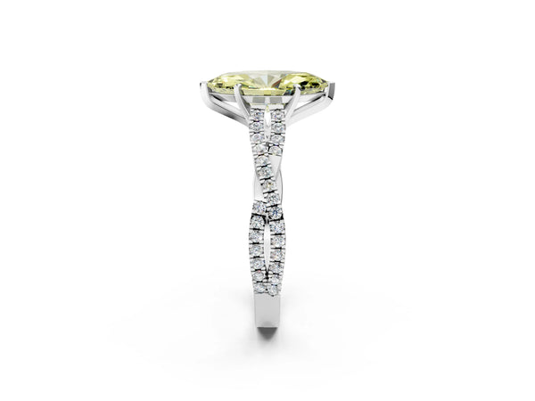 White gold Fancy Yellow Marquise Cut Diamond Solitaire Engagement Ring with Twisted Pavé Band and Four-Prong Setting