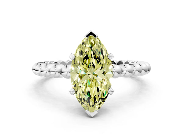 White gold Fancy Yellow Marquise Cut Diamond Solitaire Ring with Beaded Band and Prong Setting
