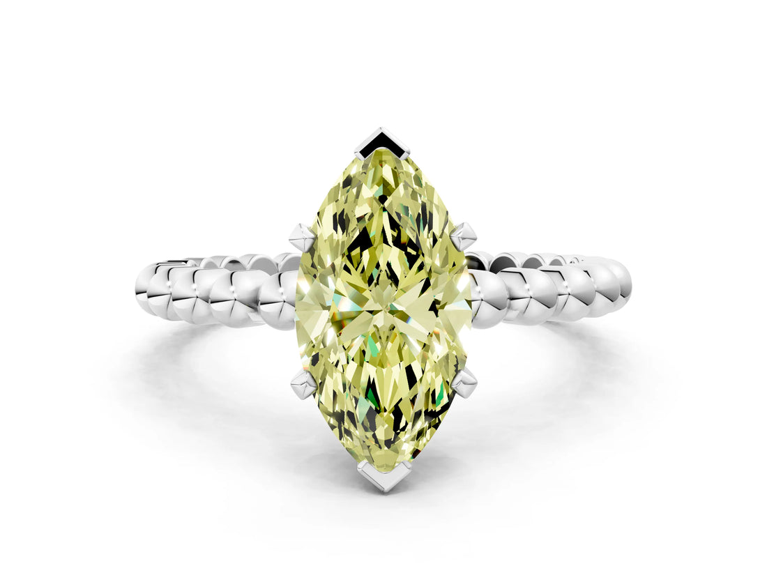 White gold Fancy Yellow Marquise Cut Diamond Solitaire Ring with Beaded Band and Prong Setting_119