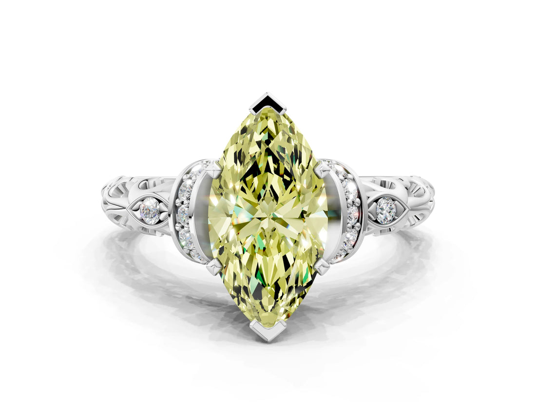 White gold Fancy Yellow Marquise Cut Diamond Solitaire Ring with Filigree Band and Four-Prong Setting_16