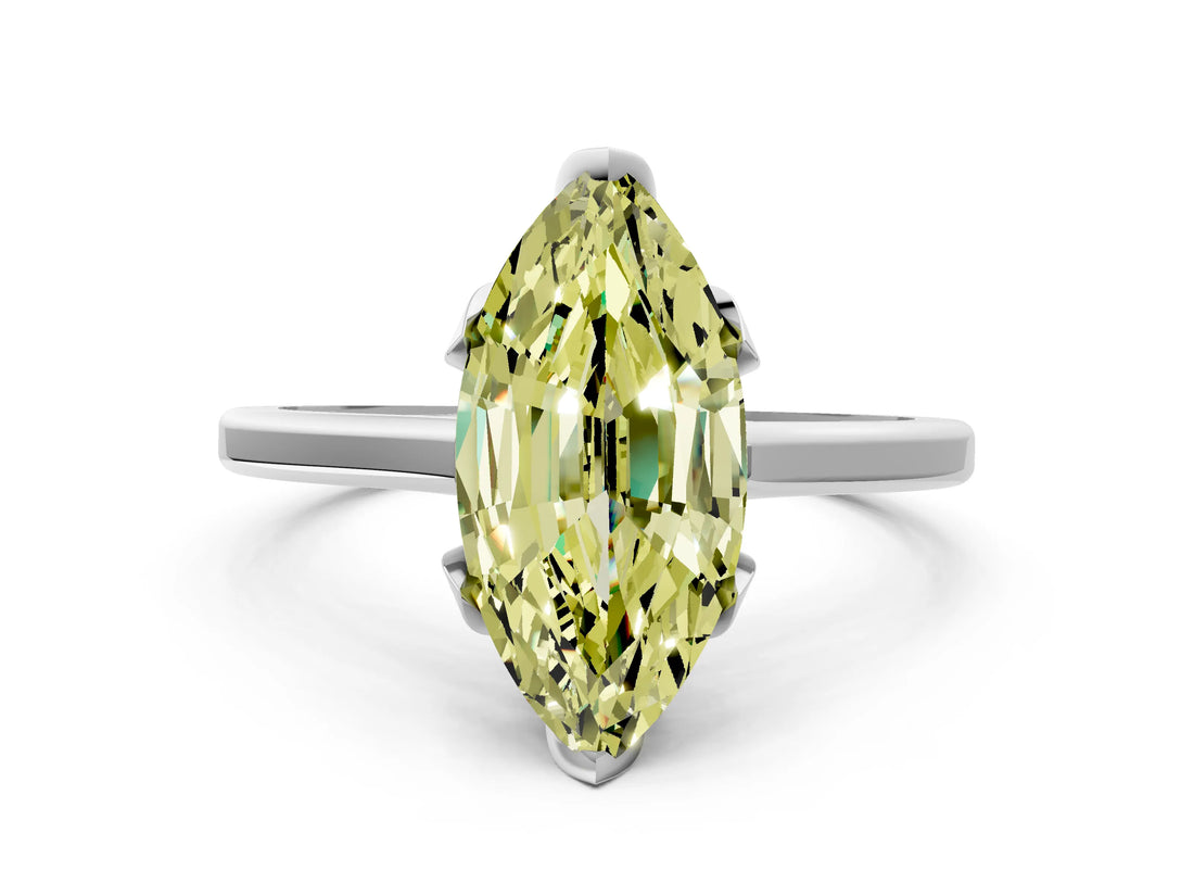 White gold Fancy Yellow Marquise Cut Diamond Solitaire Ring with Flower Prong Setting and Classic Band_65