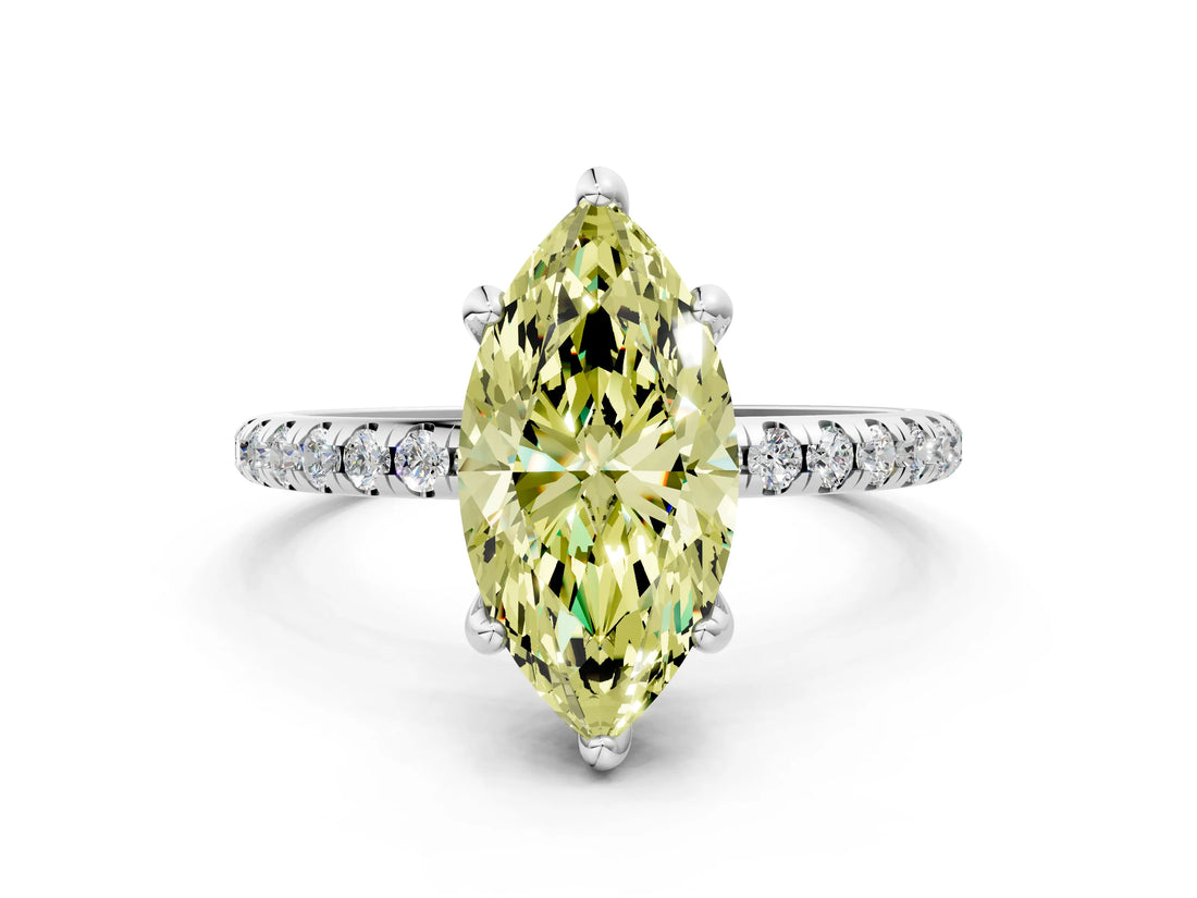White gold Fancy Yellow Marquise Cut Diamond Solitaire Ring with Four-Prong Setting and Pavé Band_3
