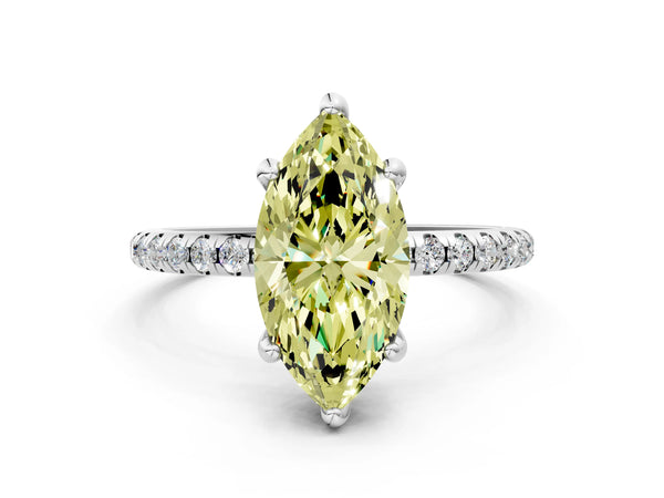 White gold Fancy Yellow Marquise Cut Diamond Solitaire Ring with Four-Prong Setting and Pavé Band