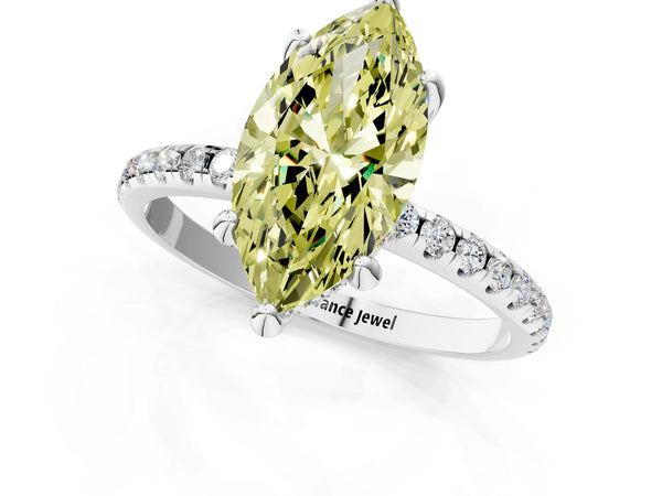 White gold Fancy Yellow Marquise Cut Diamond Solitaire Ring with Four-Prong Setting and Pavé Band