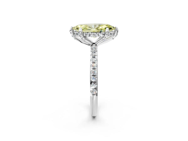 White gold Fancy Yellow Marquise Cut Diamond Solitaire Ring with Four-Prong Setting and Pavé Band