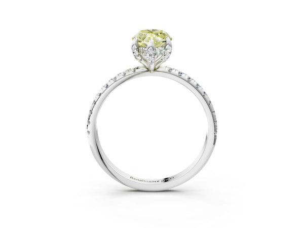White gold Fancy Yellow Marquise Cut Diamond Solitaire Ring with Four-Prong Setting and Pavé Band