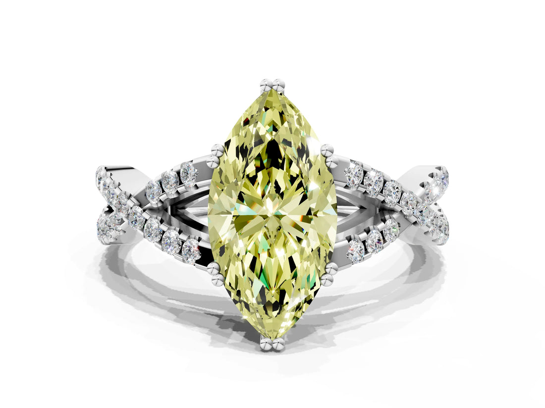 White gold Fancy Yellow Marquise Cut Diamond Solitaire Ring with Four-Prong Setting and Twisted Pavé Band_17