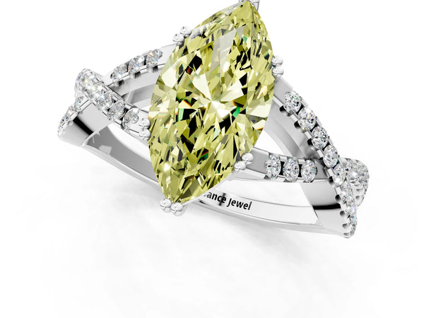 Platinum Fancy Yellow Marquise Cut Diamond Solitaire Ring with Four-Prong Setting and Twisted Pavé Band