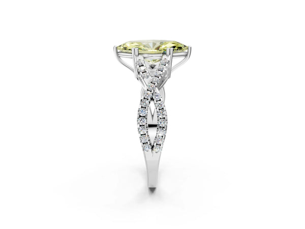 Platinum Fancy Yellow Marquise Cut Diamond Solitaire Ring with Four-Prong Setting and Twisted Pavé Band