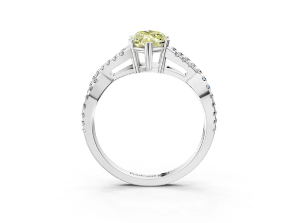 Platinum Fancy Yellow Marquise Cut Diamond Solitaire Ring with Four-Prong Setting and Twisted Pavé Band