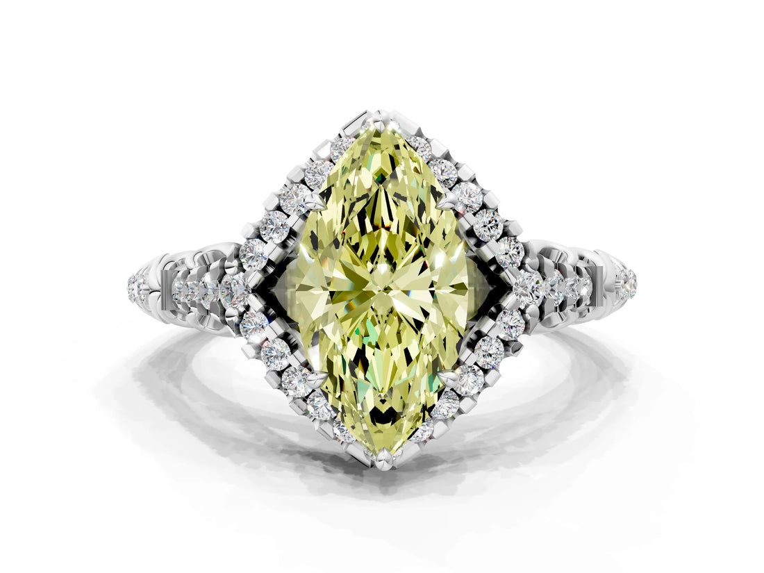White gold Fancy Yellow Marquise Cut Diamond Solitaire Ring with Hidden Halo and Pavé Band_39
