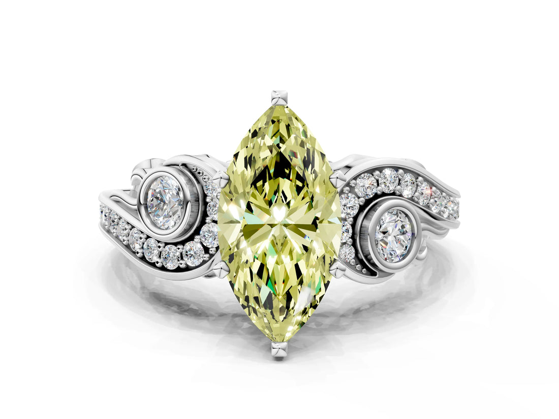 White gold Fancy Yellow Marquise Cut Diamond Solitaire Ring with Milgrain Pavé Band and Four-Prong Setting_53