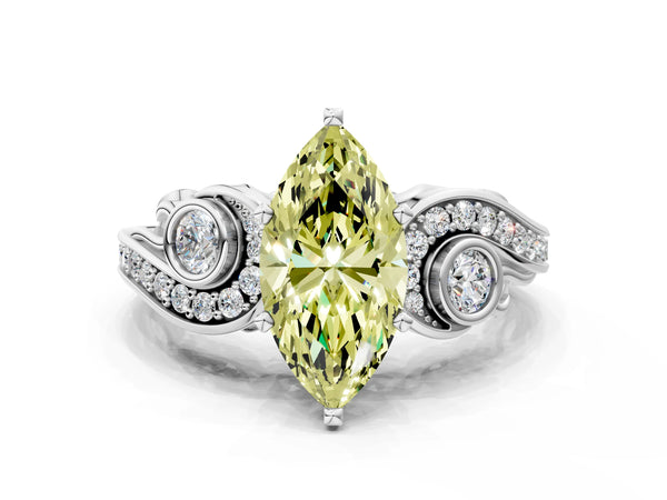 White gold Fancy Yellow Marquise Cut Diamond Solitaire Ring with Milgrain Pavé Band and Four-Prong Setting