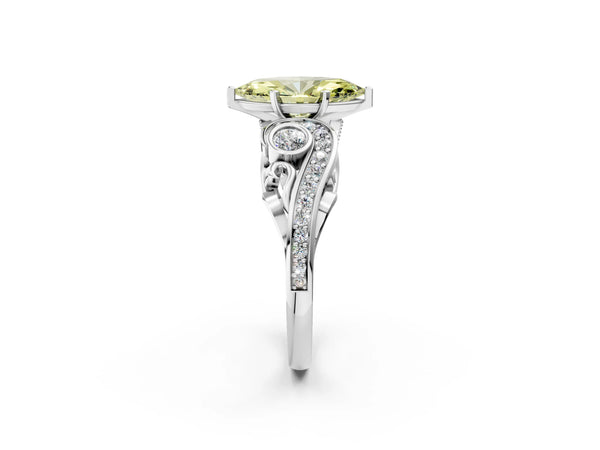 White gold Fancy Yellow Marquise Cut Diamond Solitaire Ring with Milgrain Pavé Band and Four-Prong Setting