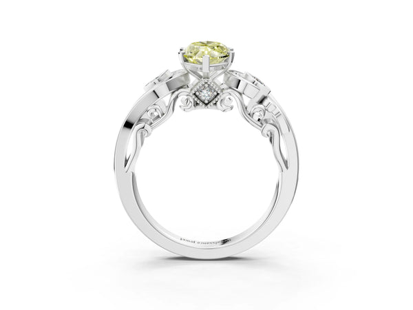 White gold Fancy Yellow Marquise Cut Diamond Solitaire Ring with Milgrain Pavé Band and Four-Prong Setting