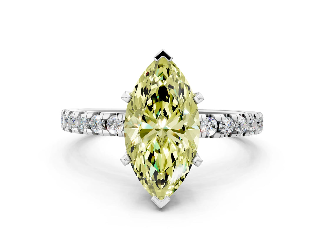 White gold Fancy Yellow Marquise Cut Diamond Solitaire Ring with Pavé Band and Four-Prong Setting_30