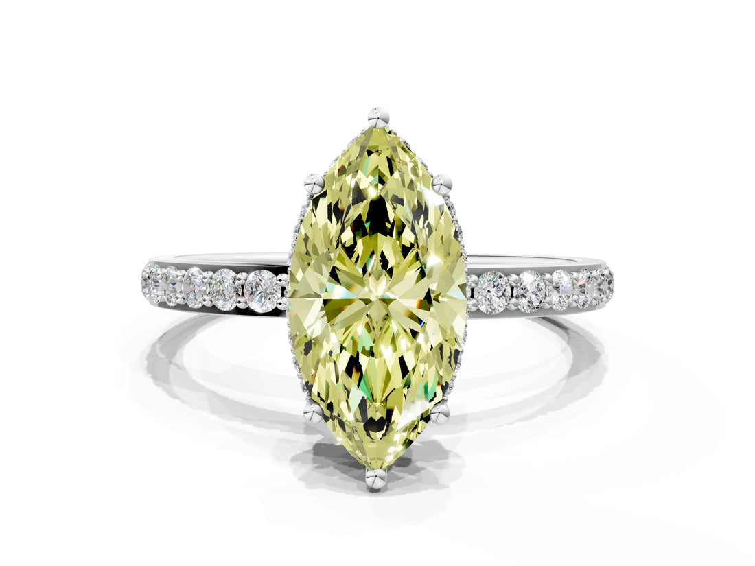 White gold Fancy Yellow Marquise Cut Diamond Solitaire Ring with Pavé Band and Hidden Halo_32