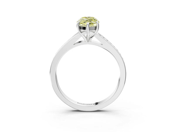 White gold Fancy Yellow Marquise Cut Diamond Solitaire Ring with Pavé Band and Prong Setting