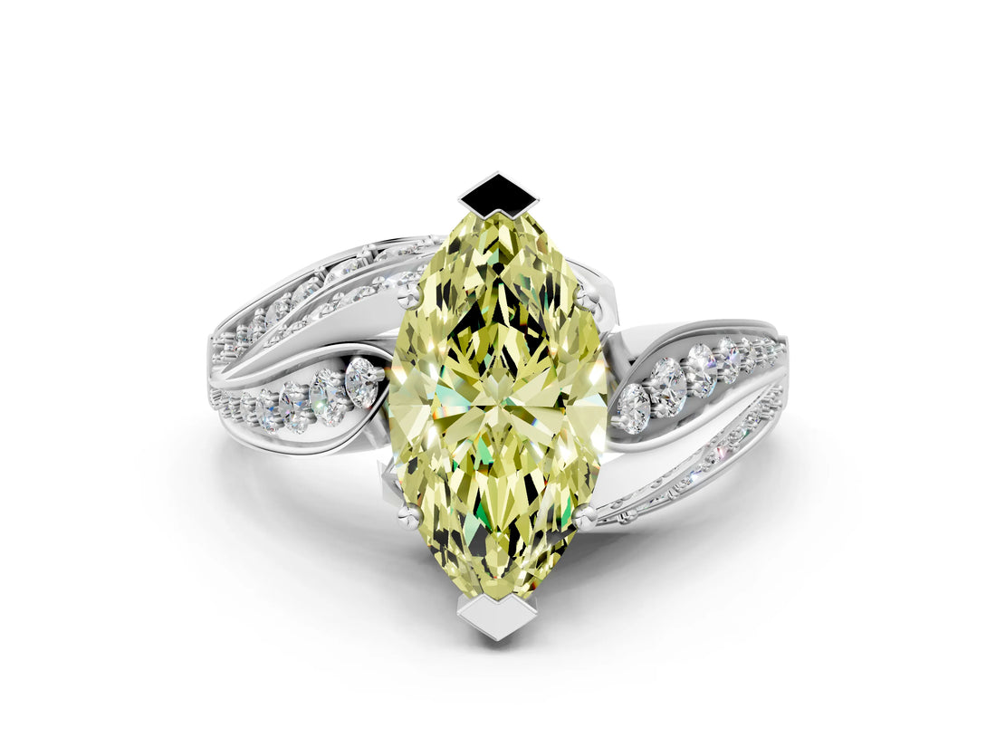 White gold Fancy Yellow Marquise Cut Diamond Solitaire Ring with Prong Setting and Twisted Pavé Band_12