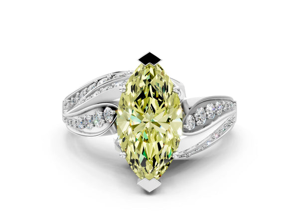 Platinum Fancy Yellow Marquise Cut Diamond Solitaire Ring with Prong Setting and Twisted Pavé Band