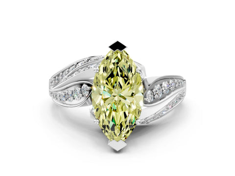 White gold Fancy Yellow Marquise Cut Diamond Solitaire Ring with Prong Setting and Twisted Pavé Band_12