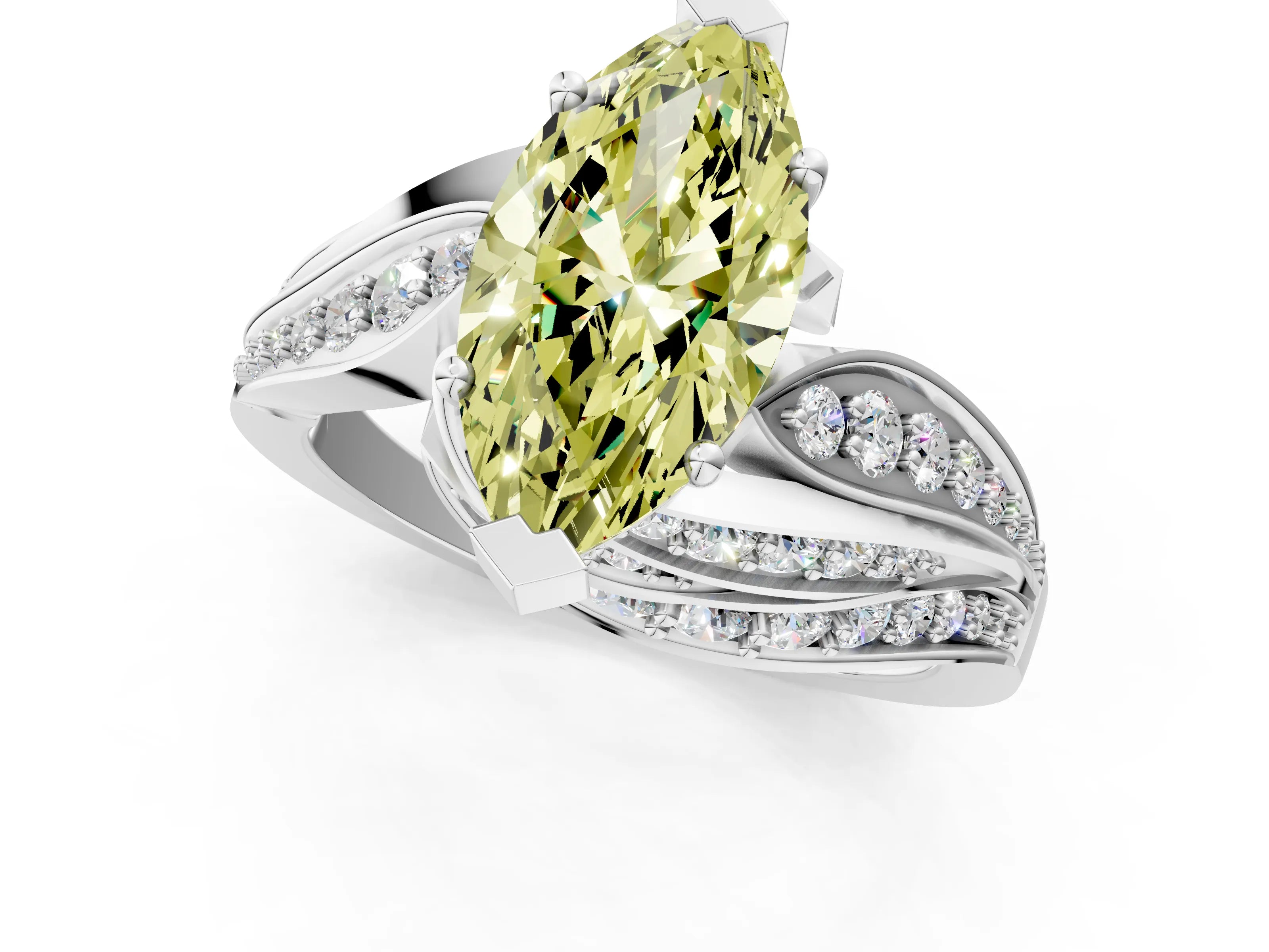 White gold Fancy Yellow Marquise Cut Diamond Solitaire Ring with Prong Setting and Twisted Pavé Band_13