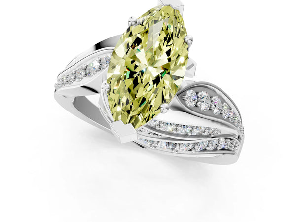Platinum Fancy Yellow Marquise Cut Diamond Solitaire Ring with Prong Setting and Twisted Pavé Band