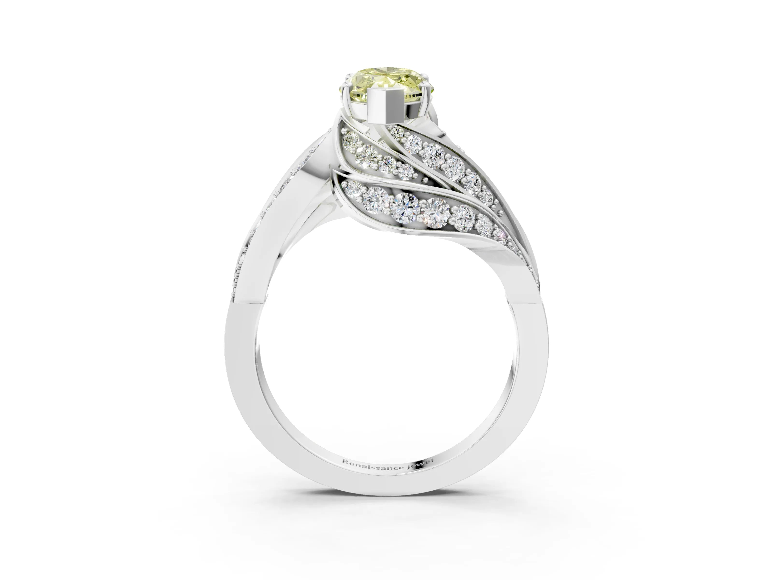 White gold Fancy Yellow Marquise Cut Diamond Solitaire Ring with Prong Setting and Twisted Pavé Band_15