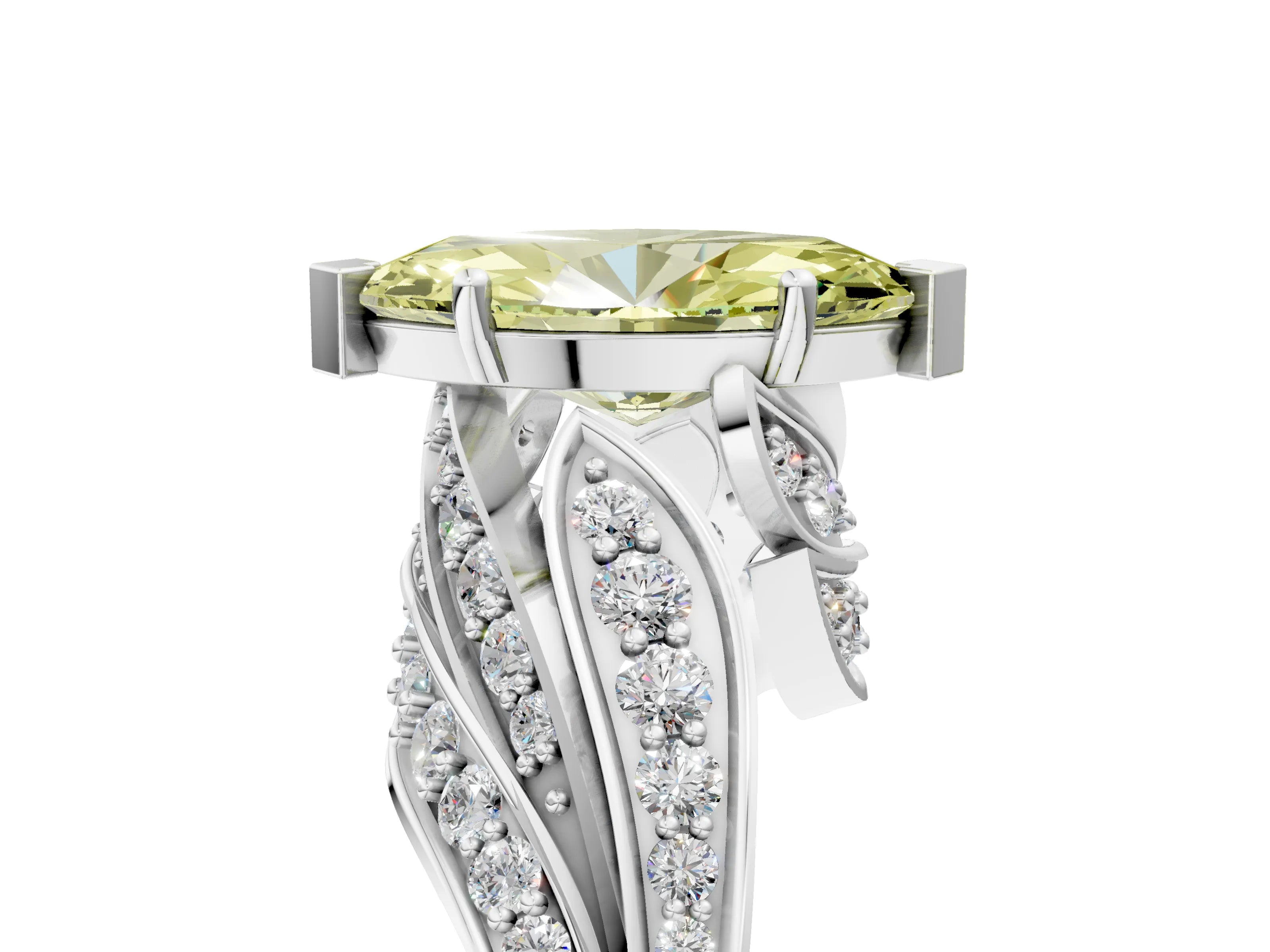 White gold Fancy Yellow Marquise Cut Diamond Solitaire Ring with Prong Setting and Twisted Pavé Band_17
