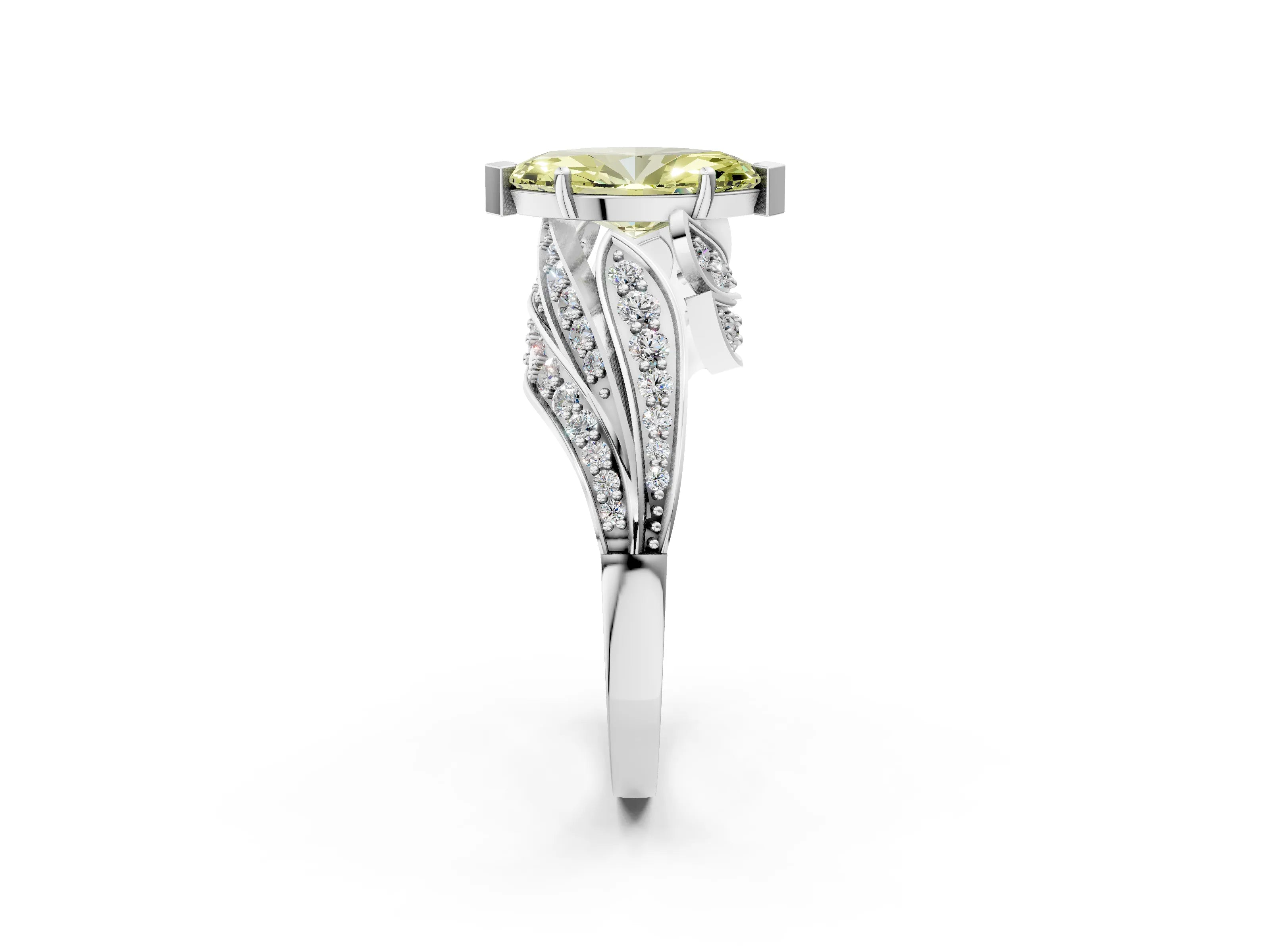 White gold Fancy Yellow Marquise Cut Diamond Solitaire Ring with Prong Setting and Twisted Pavé Band_2
