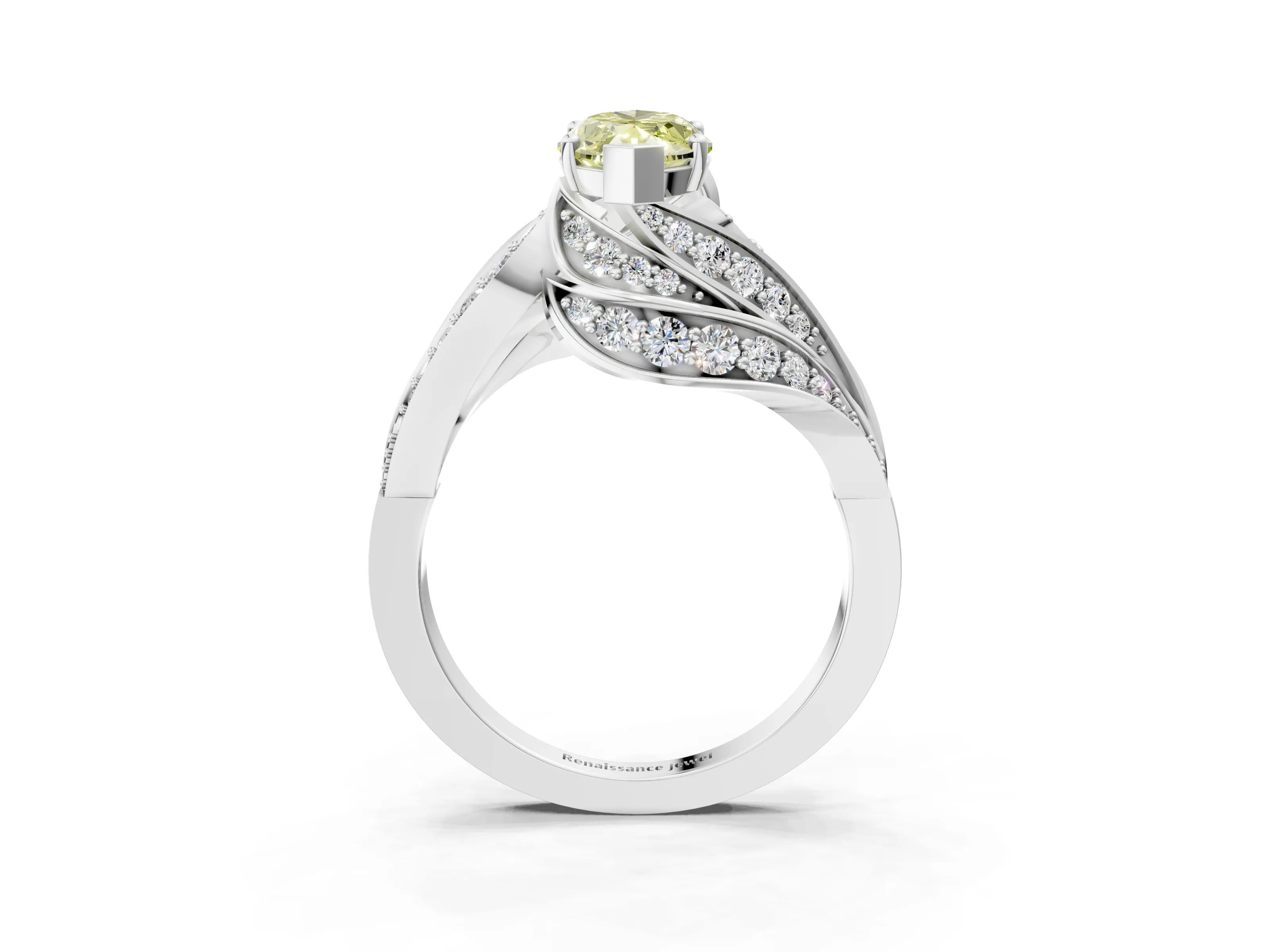 White gold Fancy Yellow Marquise Cut Diamond Solitaire Ring with Prong Setting and Twisted Pavé Band_3