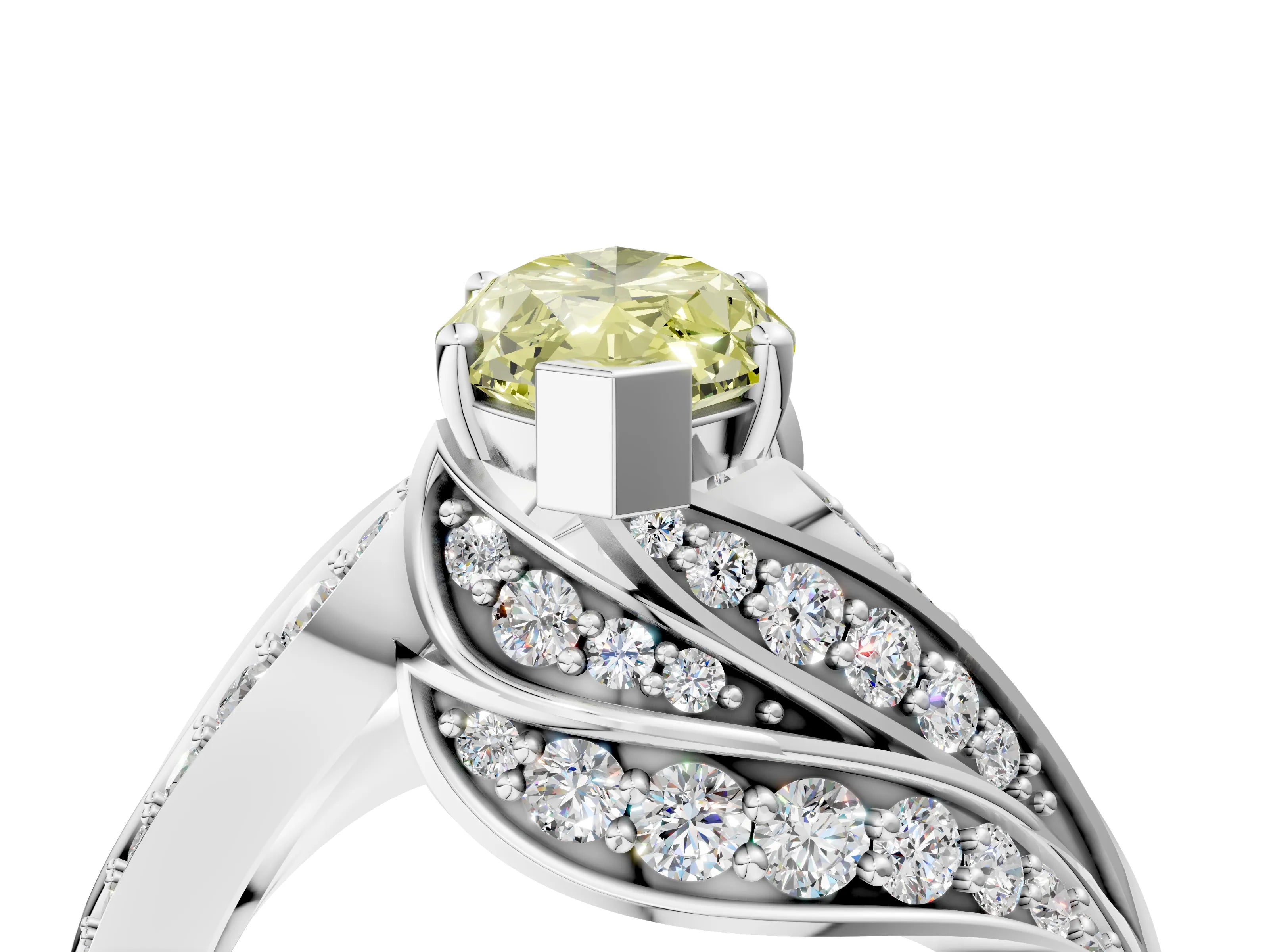 White gold Fancy Yellow Marquise Cut Diamond Solitaire Ring with Prong Setting and Twisted Pavé Band_4