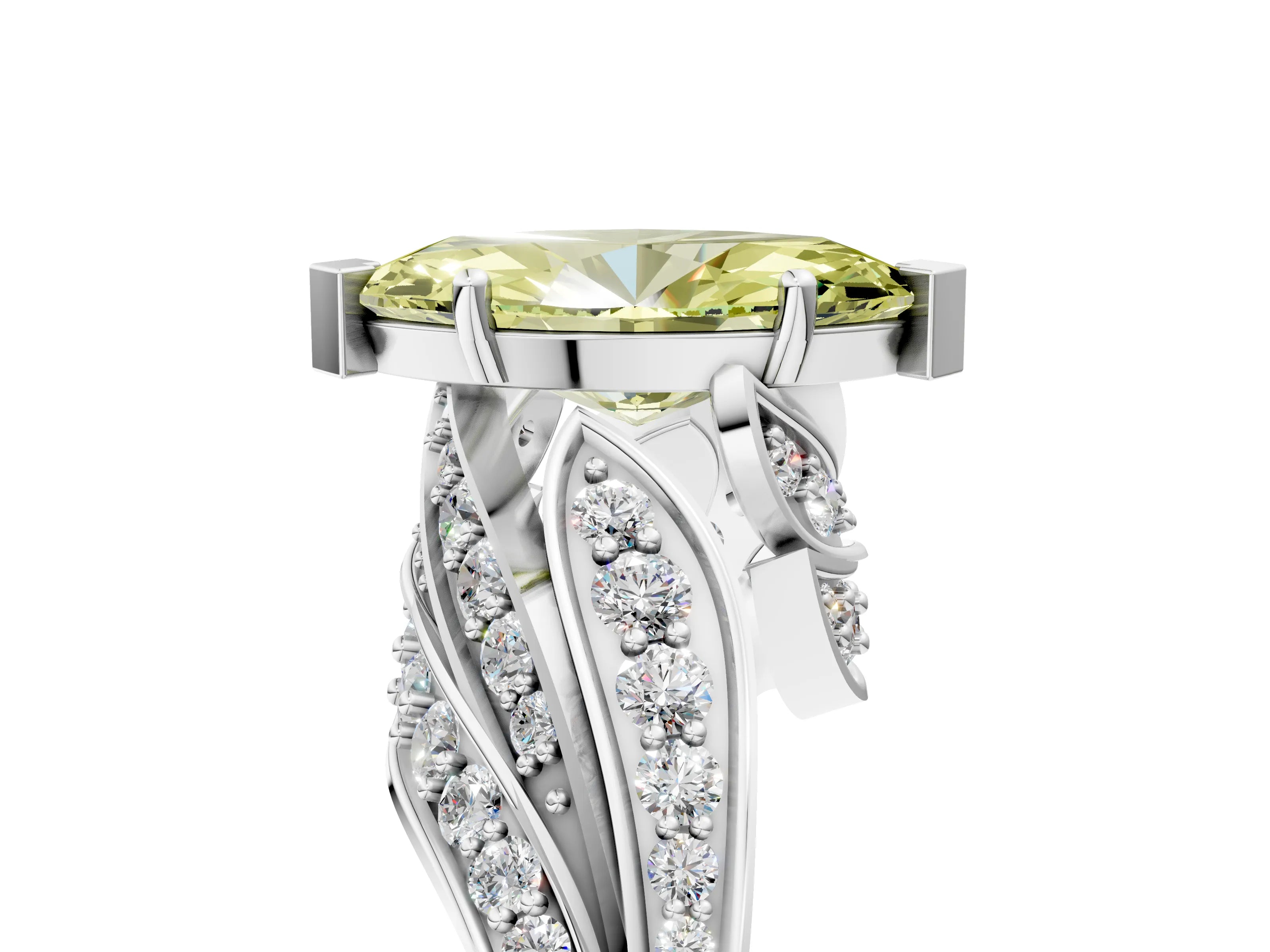 White gold Fancy Yellow Marquise Cut Diamond Solitaire Ring with Prong Setting and Twisted Pavé Band_5