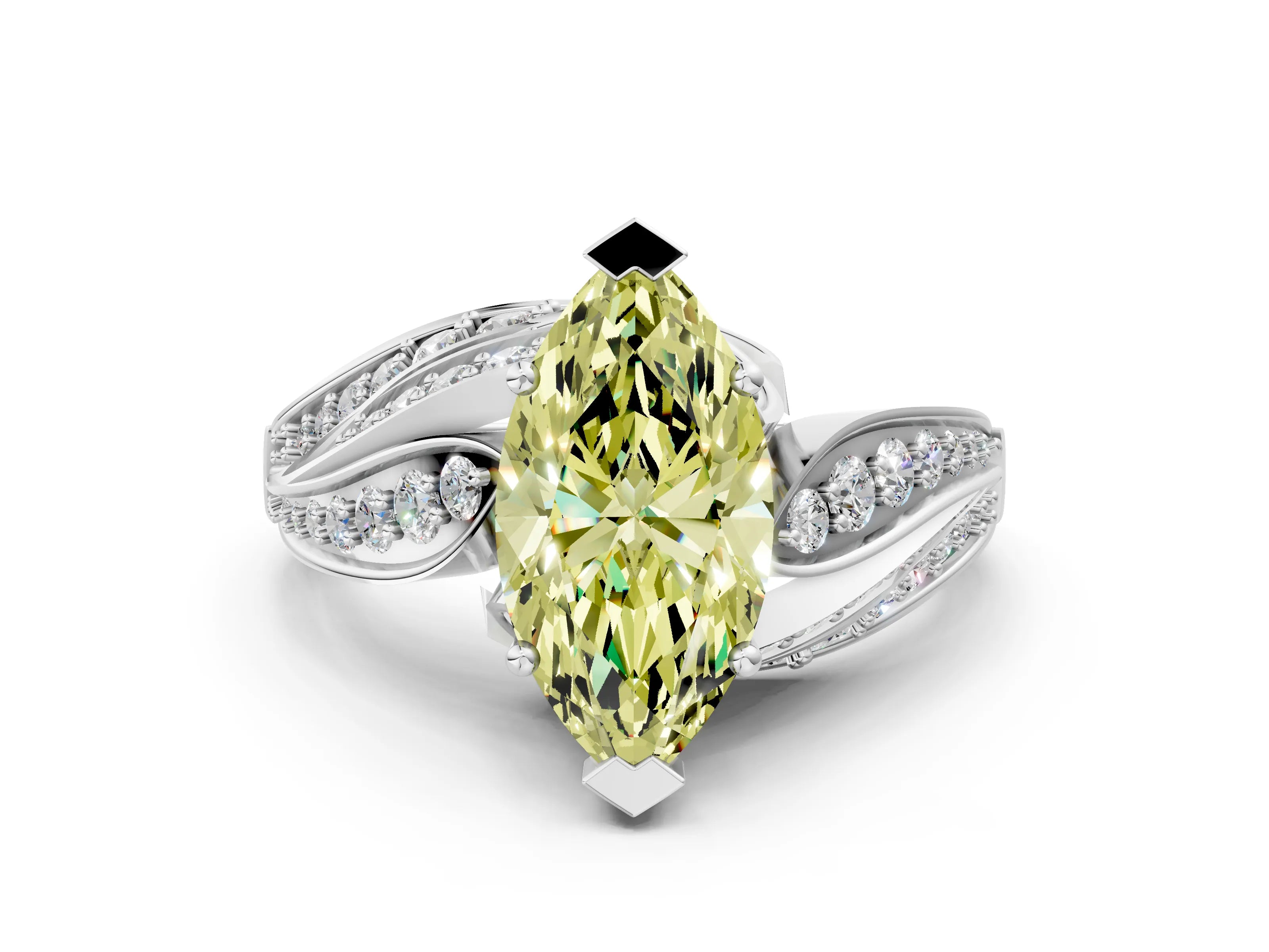 White gold Fancy Yellow Marquise Cut Diamond Solitaire Ring with Prong Setting and Twisted Pavé Band