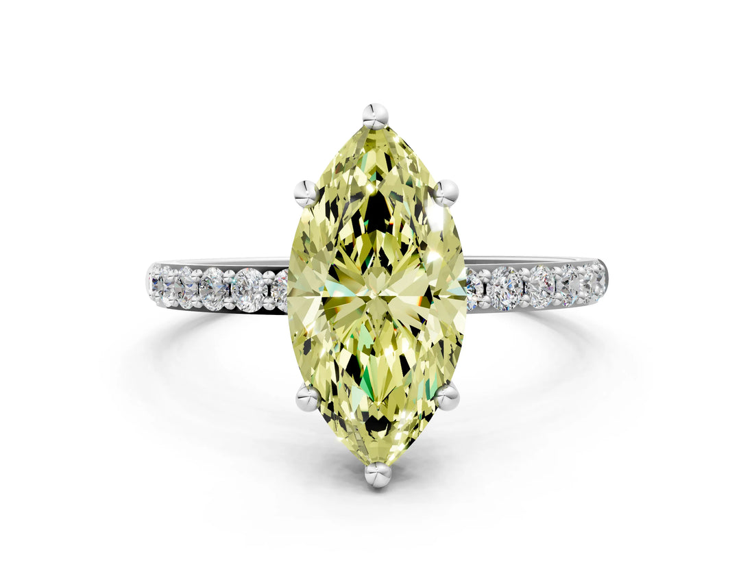 White gold Fancy Yellow Marquise Cut Diamond Solitaire Ring with Round  Pavé Band and Prong Setting_76