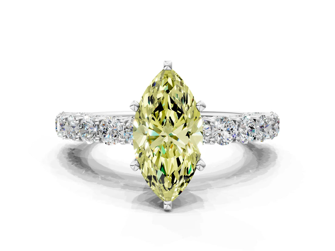 White gold Fancy Yellow Marquise Cut Diamond Solitaire Ring with Shared Prong Pavé Band and Four-Prong Setting_45