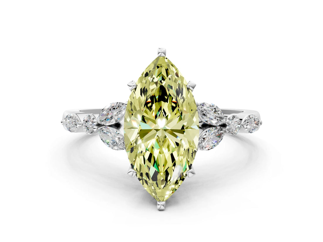 White gold Fancy Yellow Marquise Cut Diamond Solitaire Ring with Side Stones and Four-Prong Setting_77