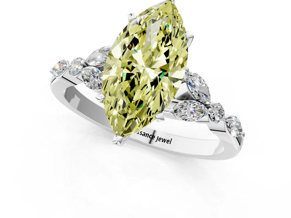 Platinum Fancy Yellow Marquise Cut Diamond Solitaire Ring with Side Stones and Four-Prong Setting